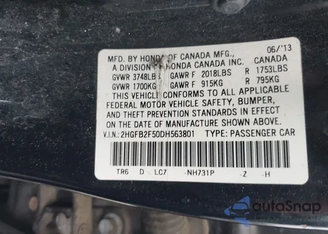 2013 Honda Civic Lx z USA, uszkodzony, nr VIN 2HGFB2F50DH563801